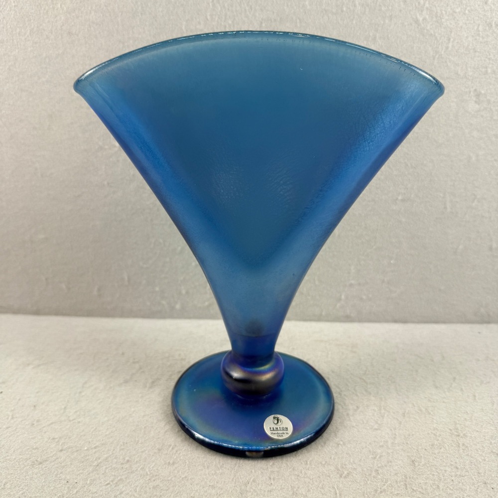 Fenton MMA Blue Satin Iridescent Stretch Glass Fan Vase Handmade in USA 8 Inch